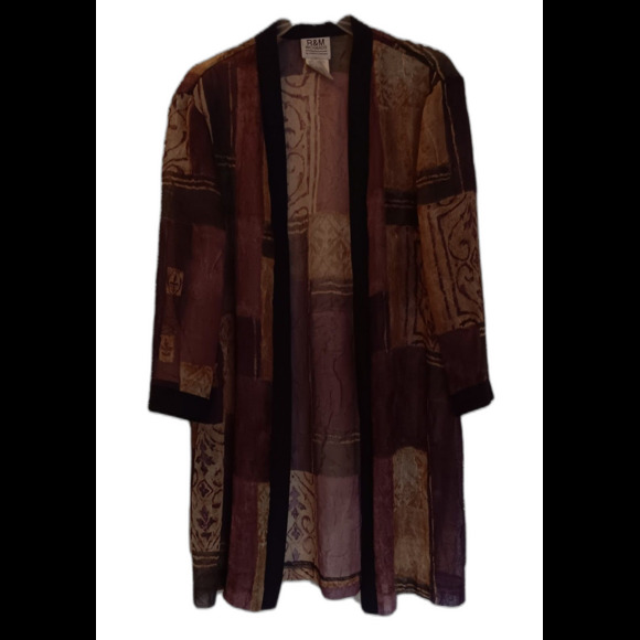 R&M Richards Women's Purple/Green Patchwork Floral Open Chiffon Kimono, Size 12 - Picture 1 of 5